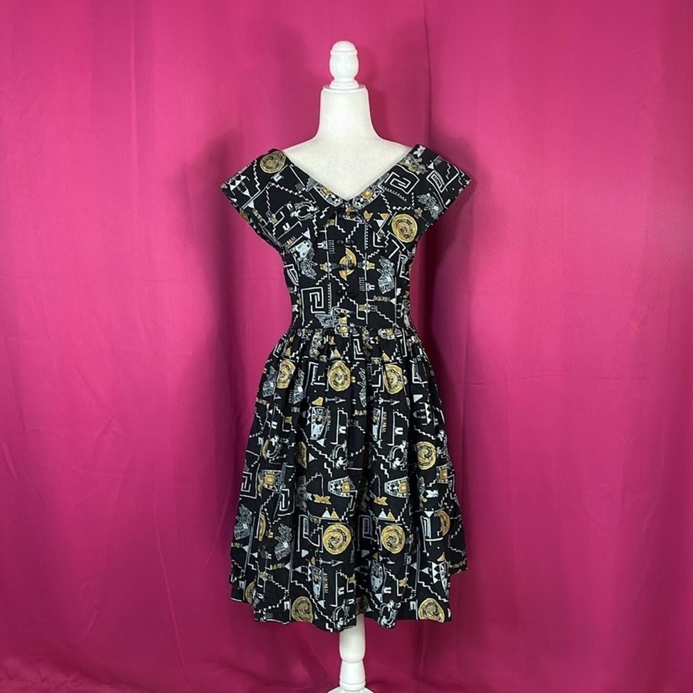 Vintage 50s 60s unbranded black novelty print rockabilly pinup dress small - XS